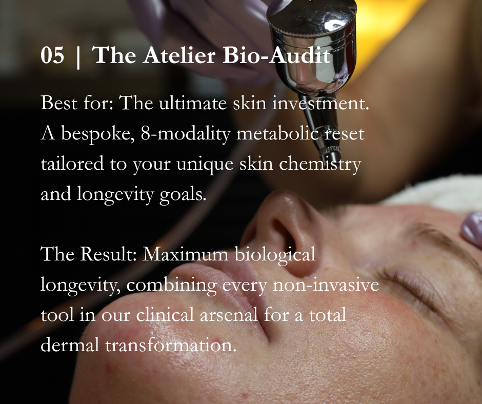 Glow Lab's Atelier Bio-Audit is our platinum hydrodermabrasion facial service that includes dermaplane, oxygen dome, custom boosters, NAD+ Hydrojelly, and concludes with cryo gloss.
