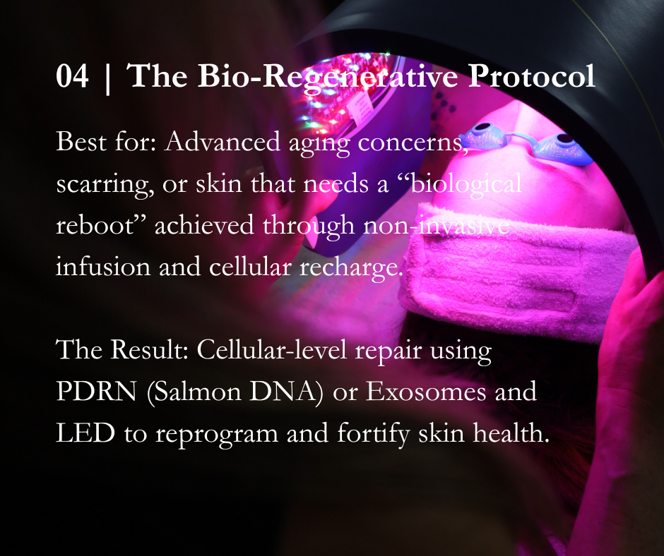 The Bio-Regenerative Protocol is Glow Lab's deluxe hydrodermabrasion and midi-peel protocol enhanced with regenerative enhancements including PDRN and LED phototherapy to reduce inflammaging and stimulate collagen.  