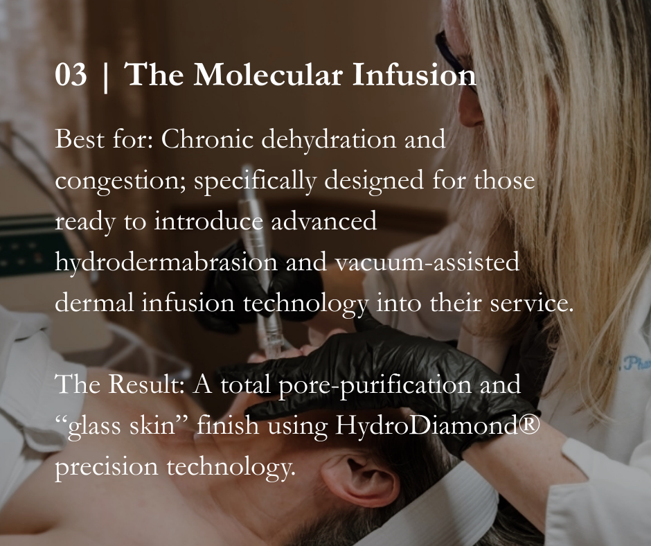 Our signature hydrodermabrasion facial, The Molecular Infusion was designed to improve clarity, refine texture, and boost hydration.  This treatment is ideal for clients that want to address acne, agining, clogged pores, or dull/dehydrated skin.
