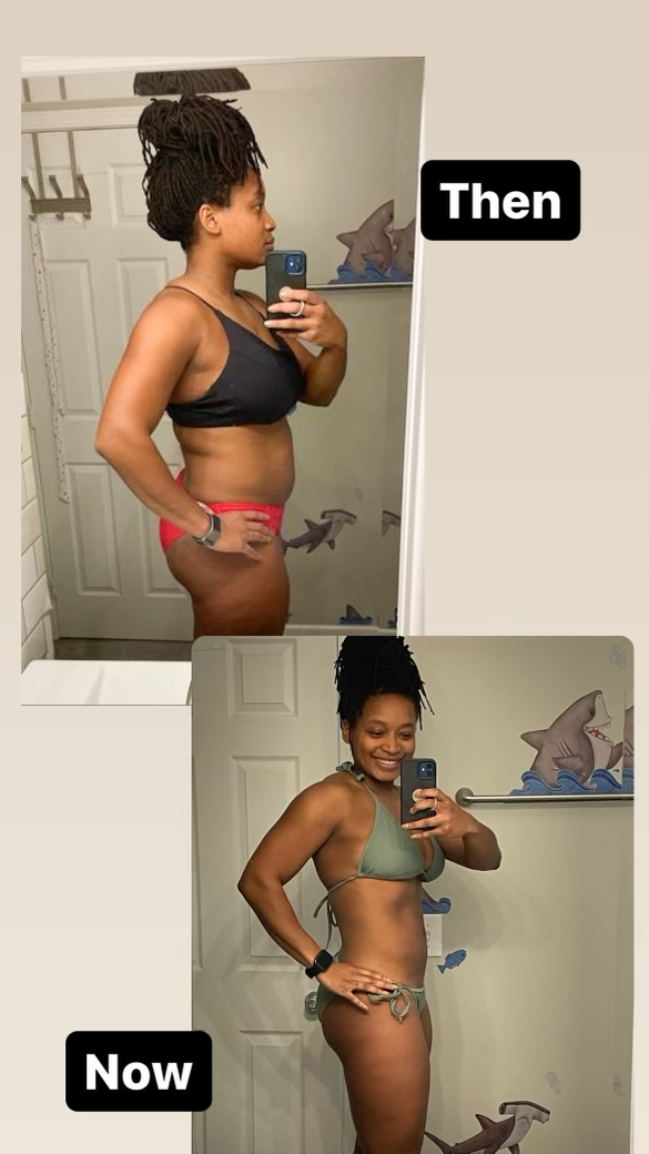Side-by-side photos showing a woman before and after weight loss. In the 'Then' photo, she is wearing a black sports bra and red shorts, and in the 'Now' photo, she is smiling and wearing a green bikini. The background includes a towel rack and shark