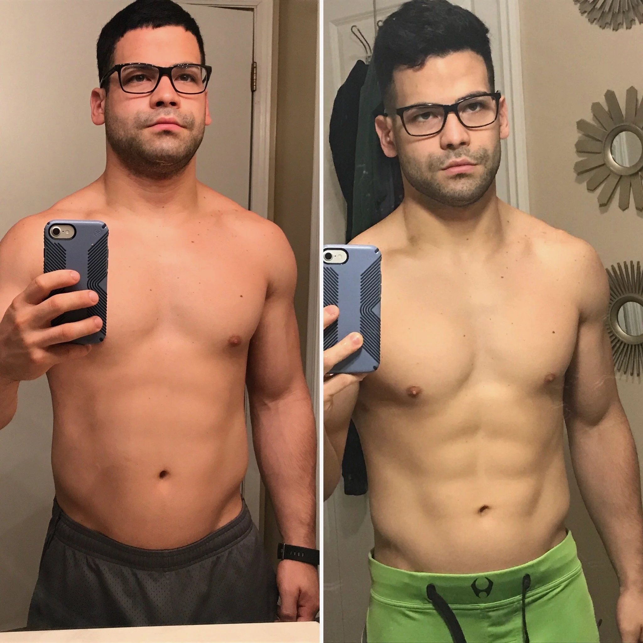 Side-by-side mirror selfies of a shirtless man with glasses, showing a before and after fitness transformation. In the left photo, he has a more relaxed physique, wearing dark shorts and a black watch. In the right photo, he has a more muscular build
