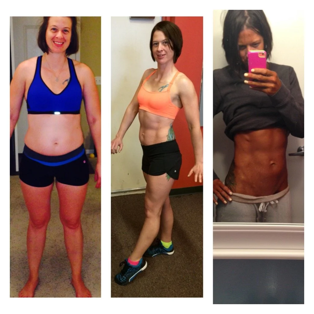 Sequence of three photos showing a woman's fitness transformation. First photo: woman with short brown hair, smiling, wearing a blue sports bra and black shorts. Second photo: woman with short brown hair, toned abs, wearing an orange sports bra and b