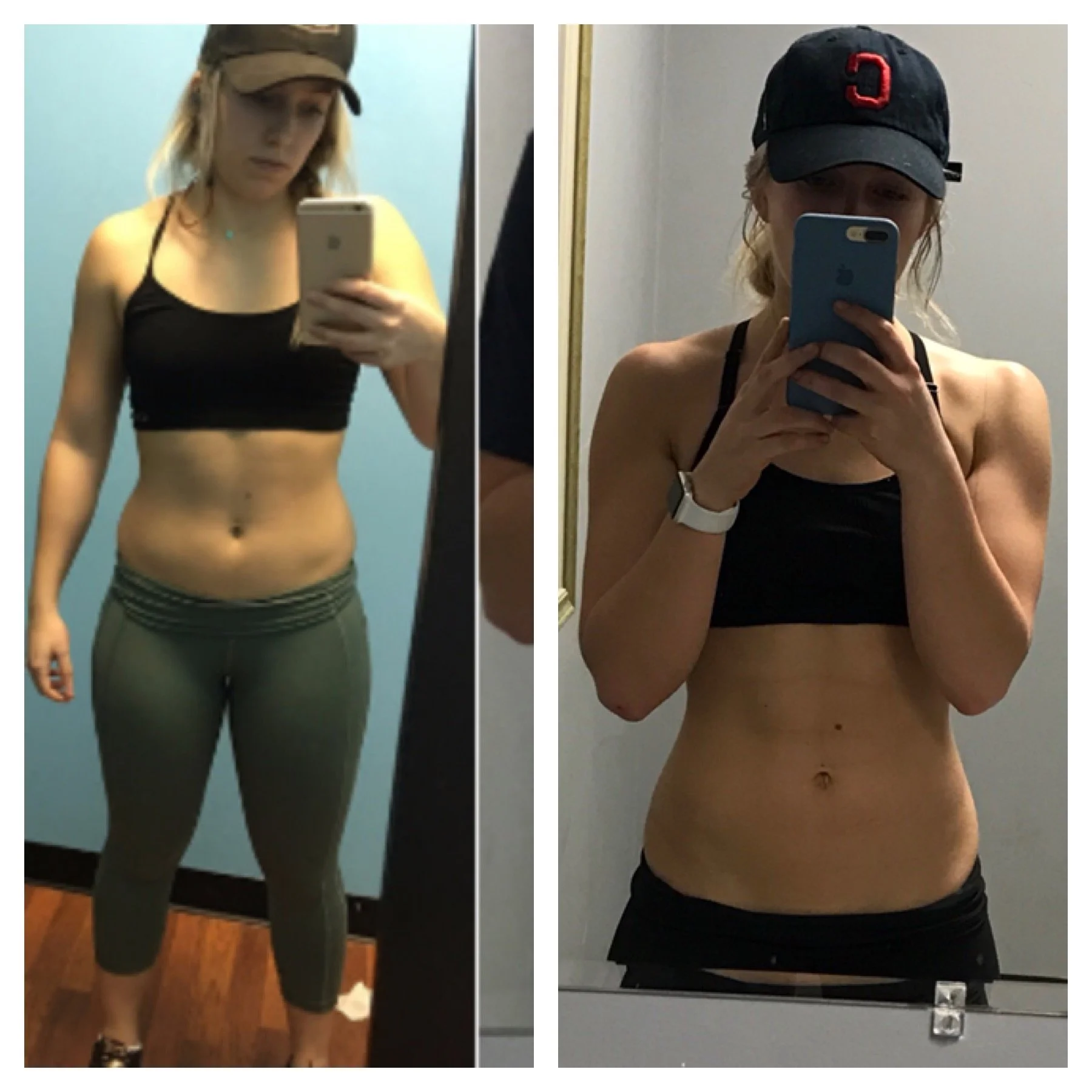 Side-by-side selfies of a woman in workout attire, showing her fitness progress with a slimmer waistline in the second photo.