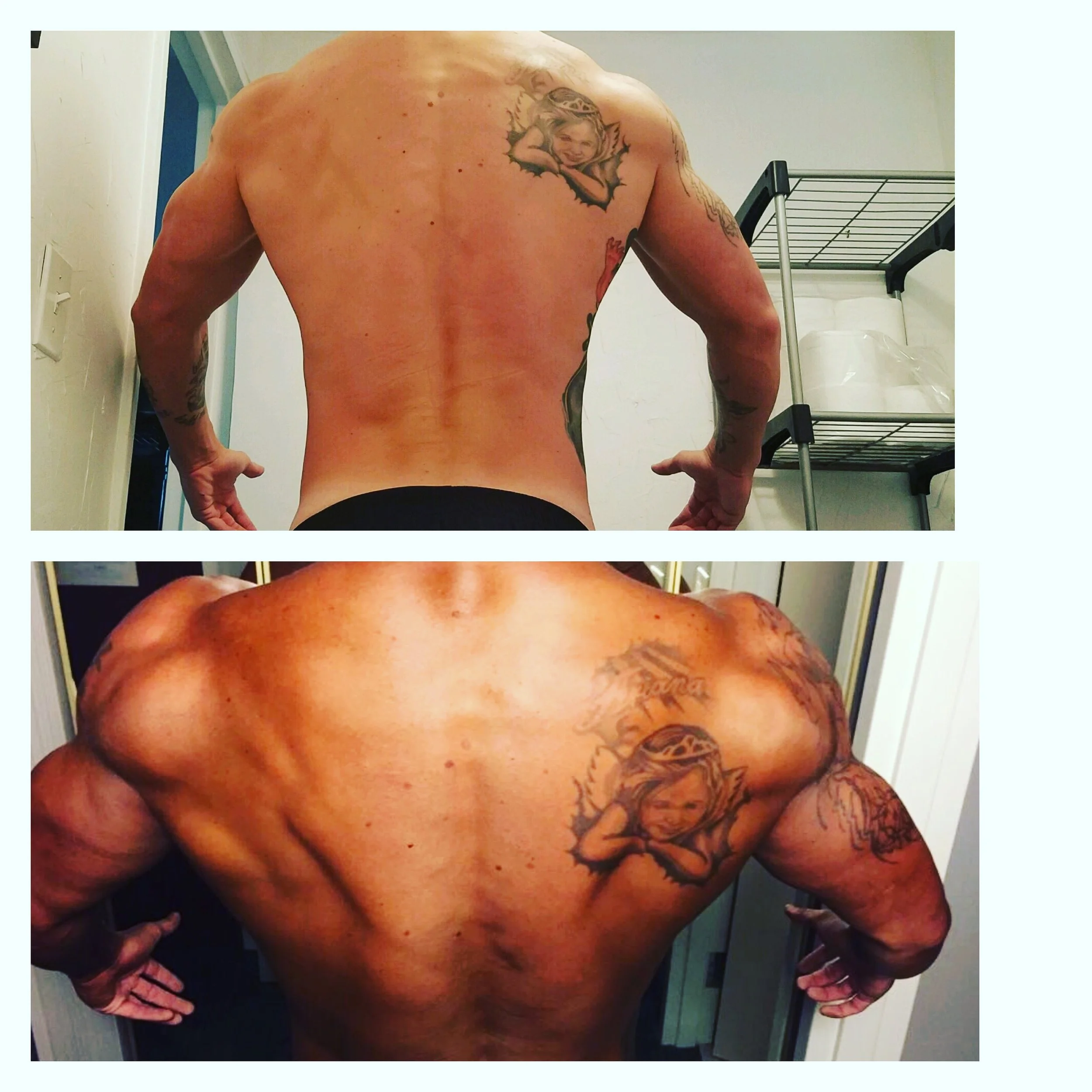 Two images of a muscular person's back and shoulders showing tattoos, including a detailed portrait of a girl on the upper back of the person.