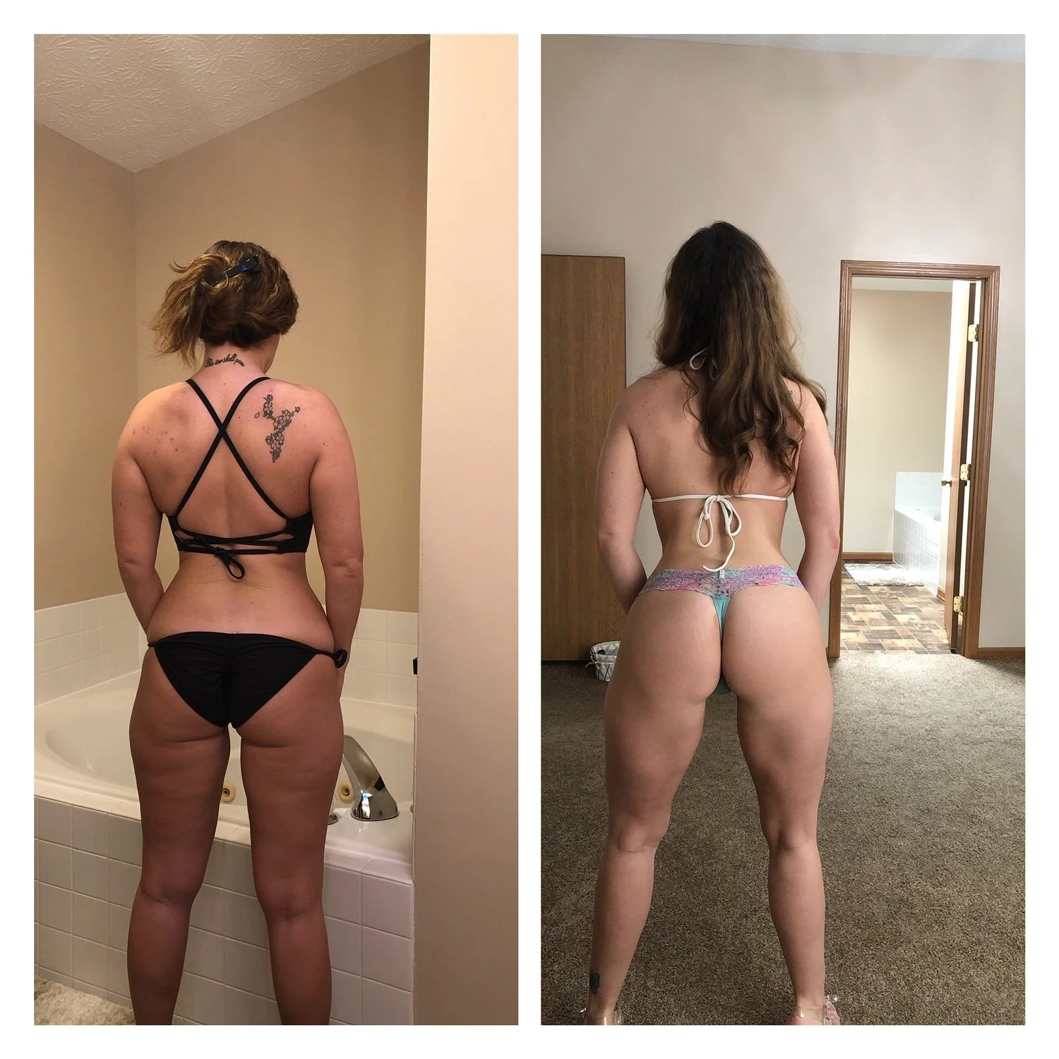 Comparison of a woman in two different back views, wearing minimal clothing, in indoor settings with neutral walls and flooring. The left side shows her in a black swimsuit with cross-back straps, in a bathroom. The right side shows her in colorful l