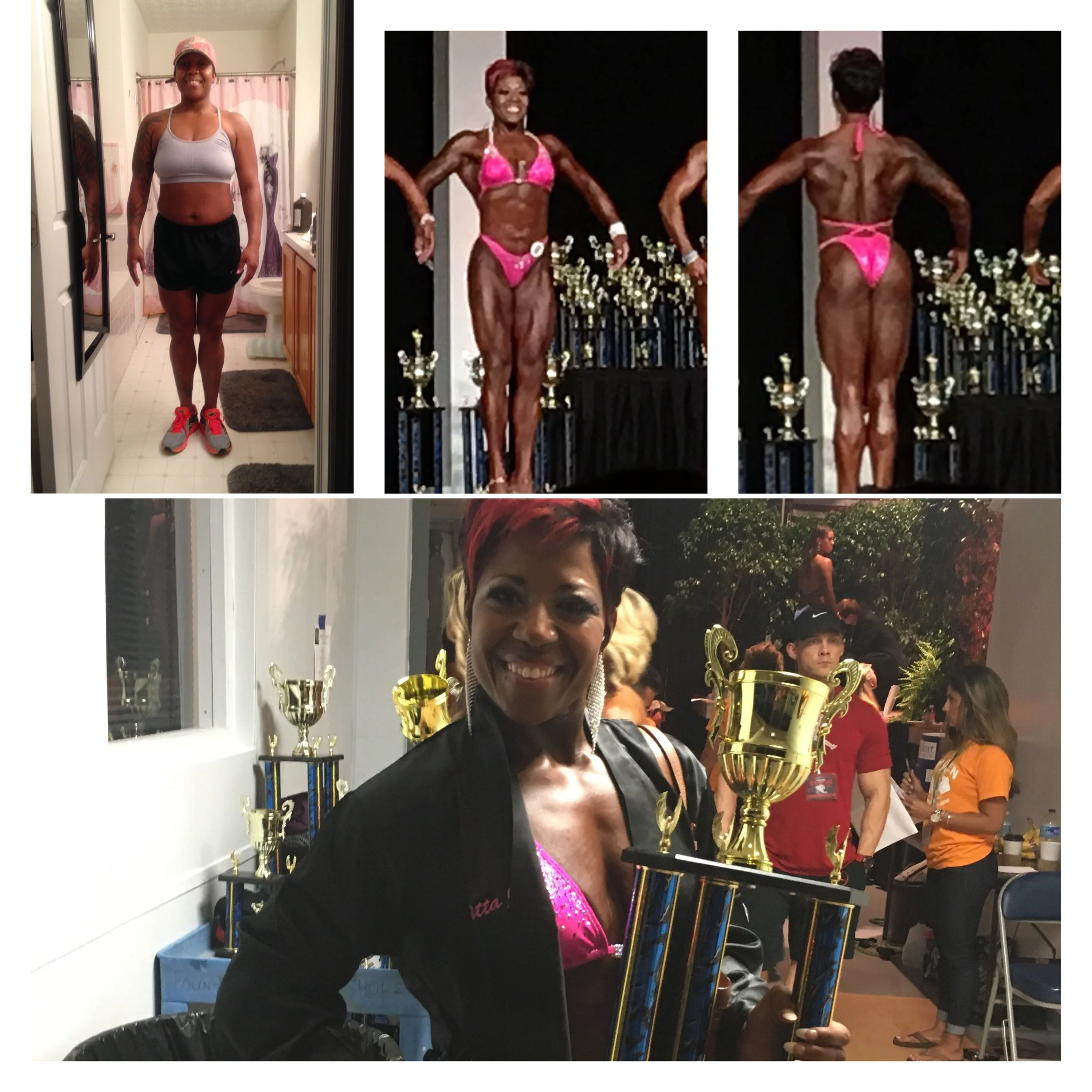 A collage of four photos showing a woman at a bodybuilding competition. The top left photo is a selfie taken in a bathroom, with the woman in workout attire. The top right photos show her on stage, wearing a pink bikini, posing to display her muscula