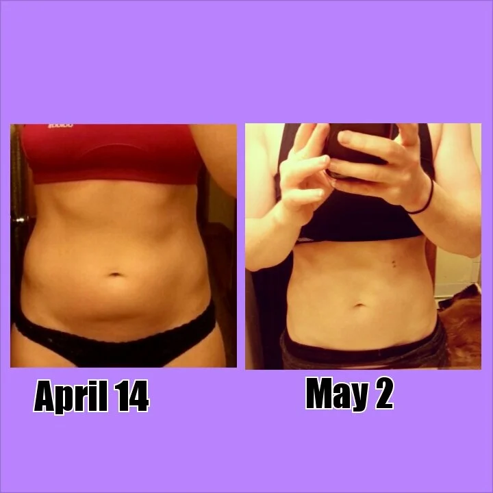 Comparison of a woman's stomach showing slimming progress from April 14 to May 2.