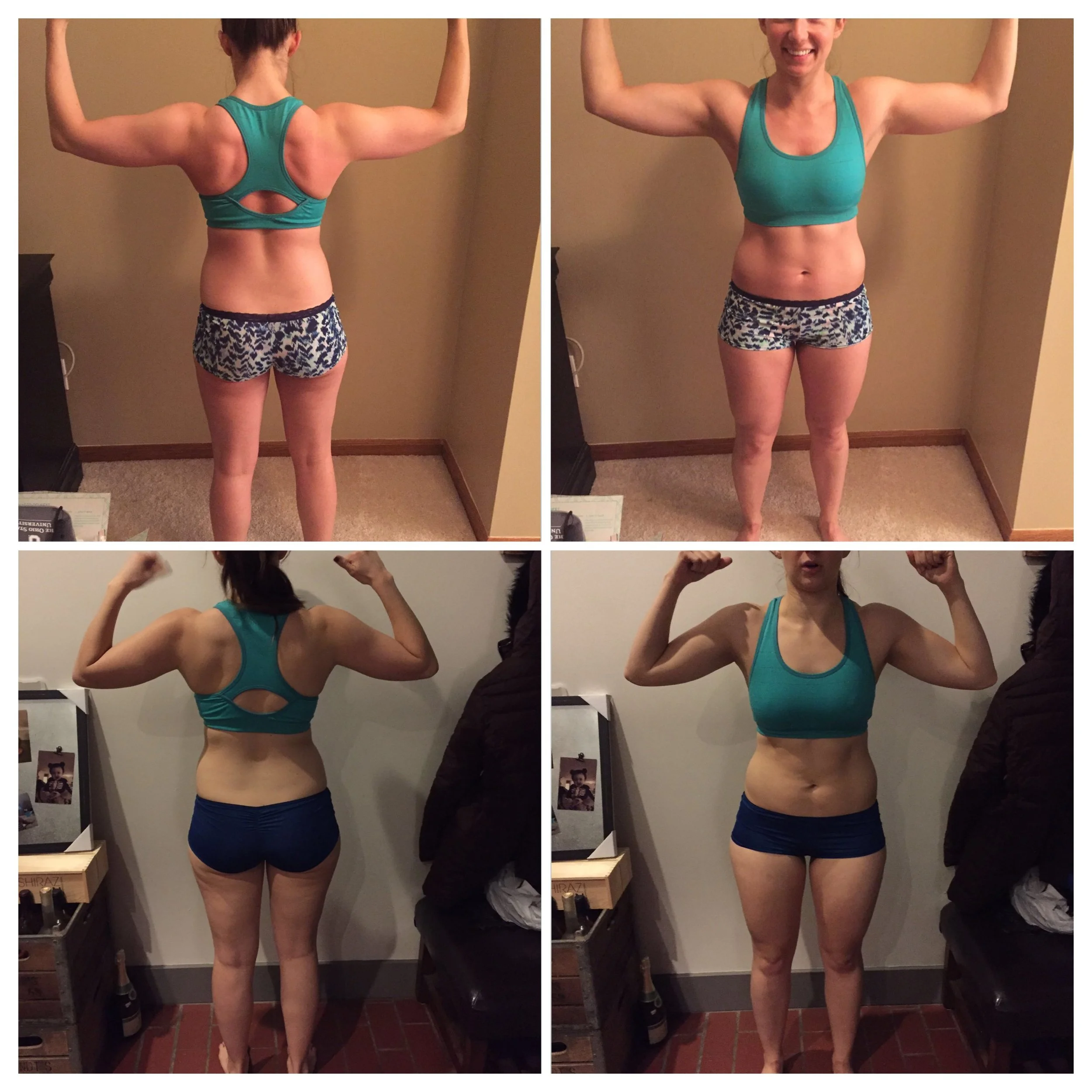 Comparison of two women, front and back views, showing physical transformation, with muscular arms, toned body, wearing blue and green workout clothes.