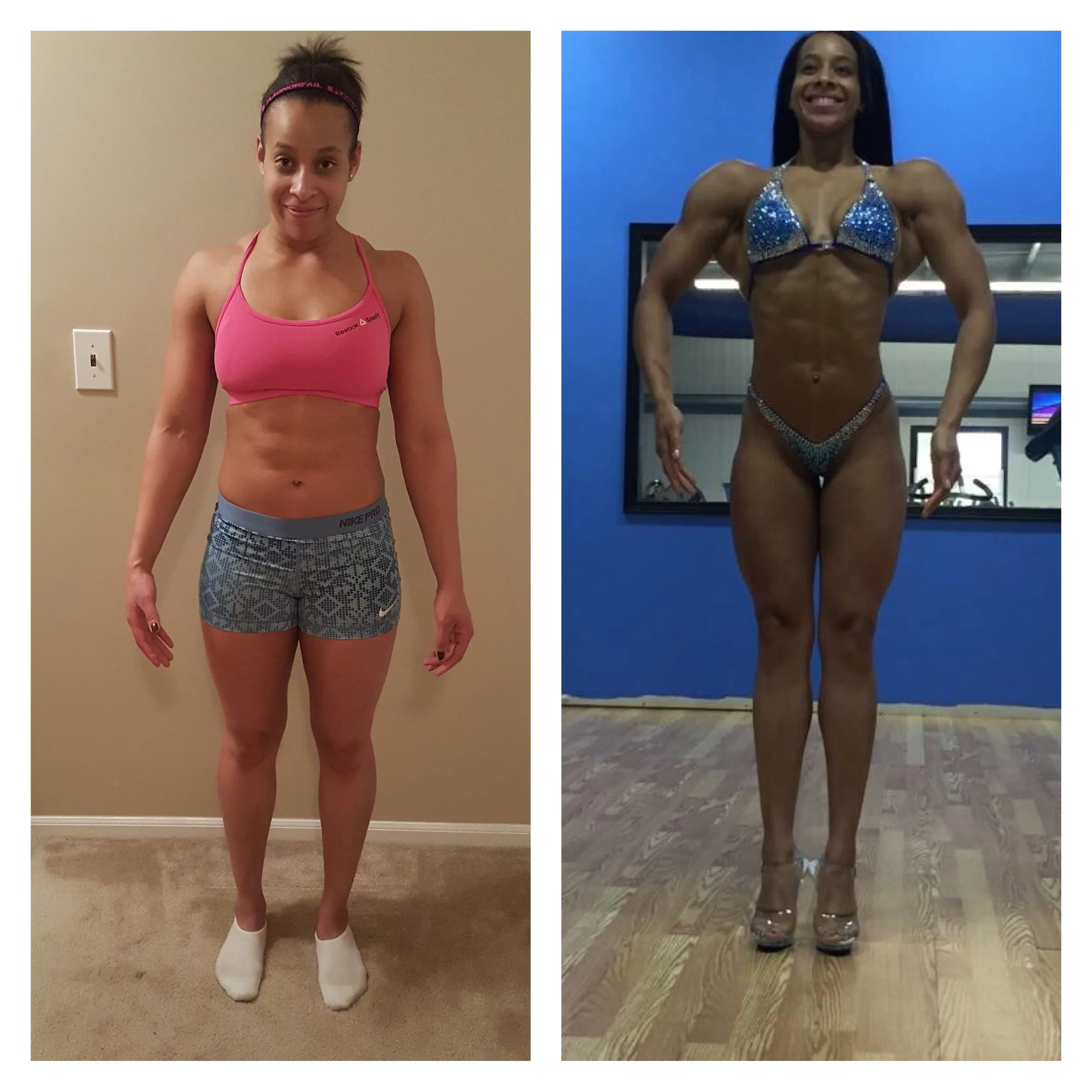 Side-by-side comparison of a woman before and after bodybuilding transformation. In the before photo, she is wearing a pink sports bra and patterned shorts, standing against a beige wall. In the after photo, she is in a bikini, showing muscular physi