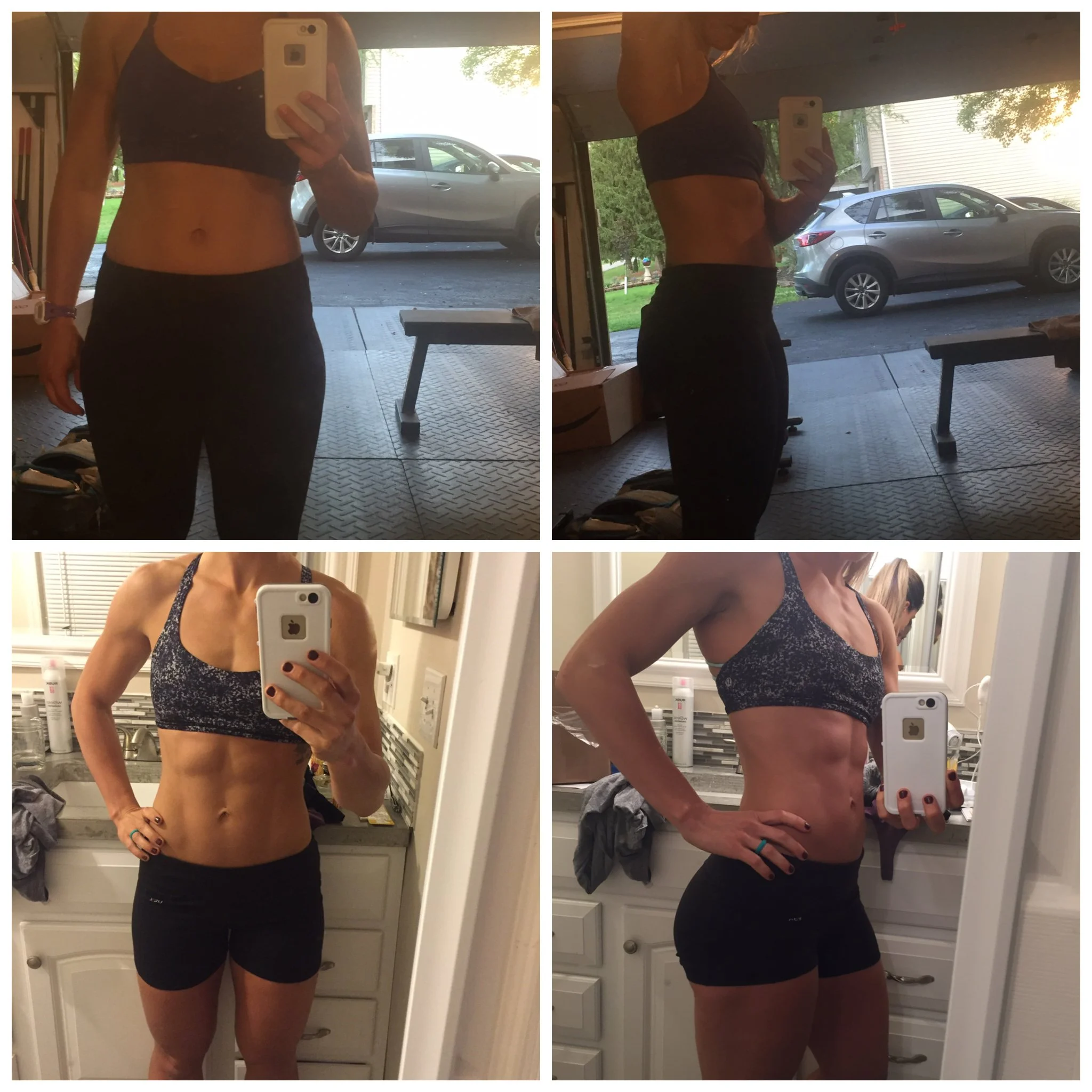 Progress photos of a woman showing her fitness transformation. The top row shows her before pictures, and the bottom row shows her after pictures, highlighting increased muscle definition and decreased body fat.