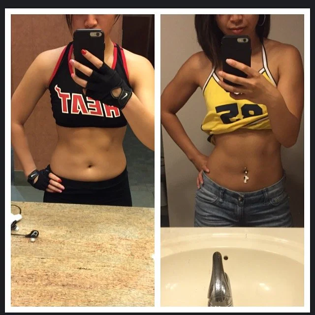 Side-by-side mirror selfies of a woman showing her toned midsection in workout clothes, with the left in a sports bra and the right in a tank top, in a bathroom.