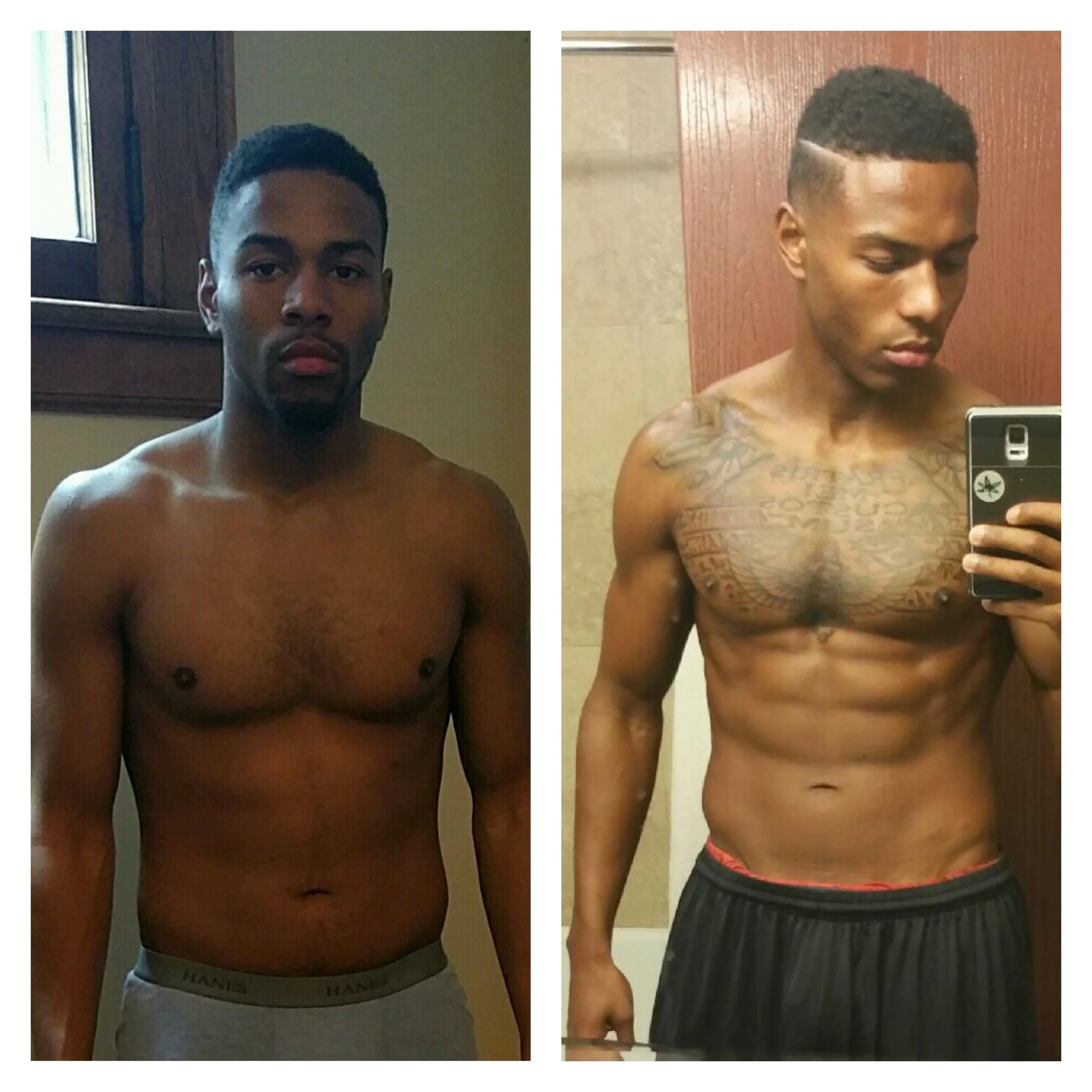 Side-by-side photos of a young man showing physical changes. The left photo shows him shirtless with a neutral expression, wearing light gray Hanes underwear, with a window in the background. The right photo shows him shirtless, with visible abdomina