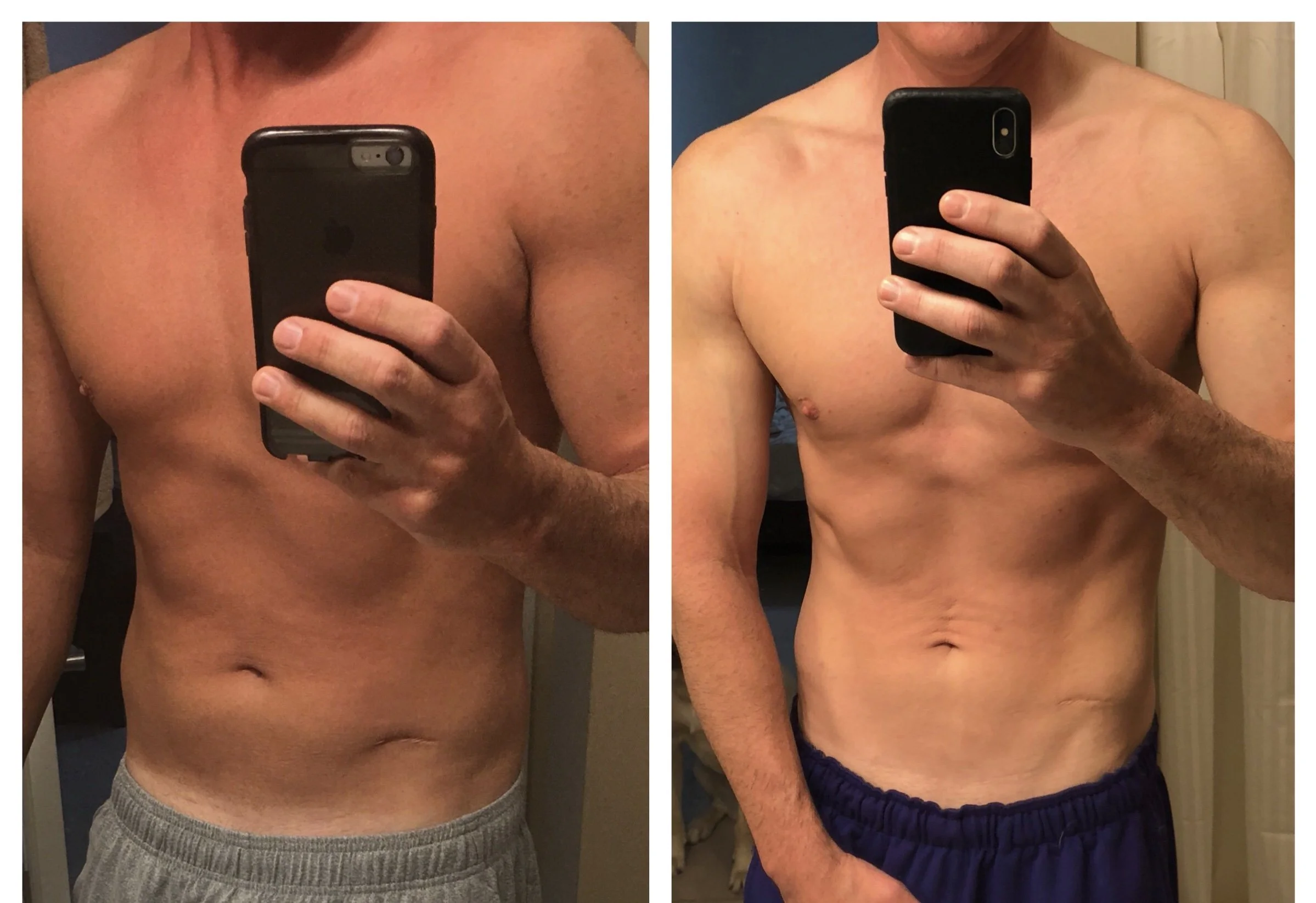 Comparison of a shirtless man's upper body before and after fitness, with selfies taken in mirrors, showing increased muscle definition and lowered body fat.