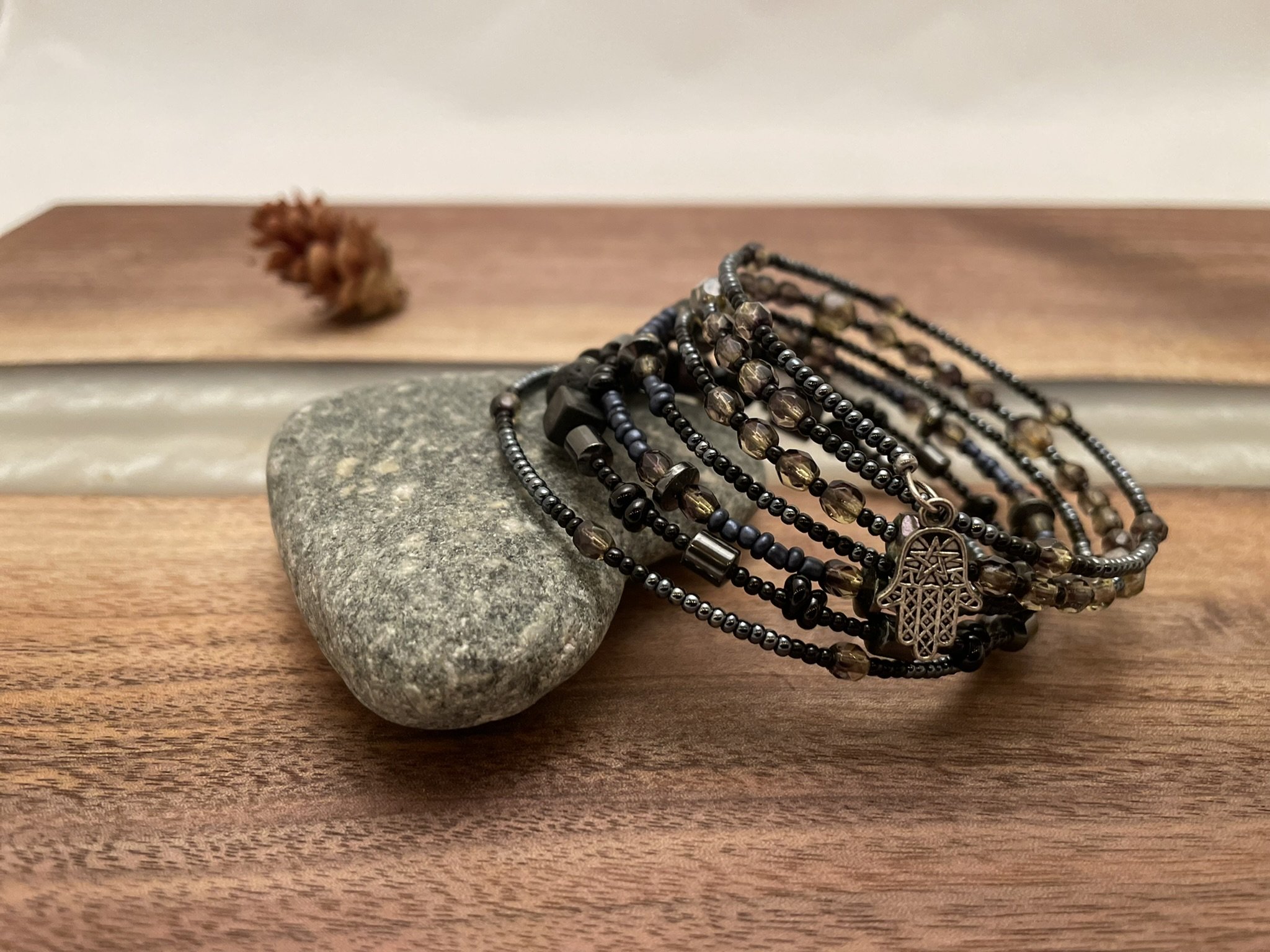 Dark Iridescent Beaded Wrap Bracelet