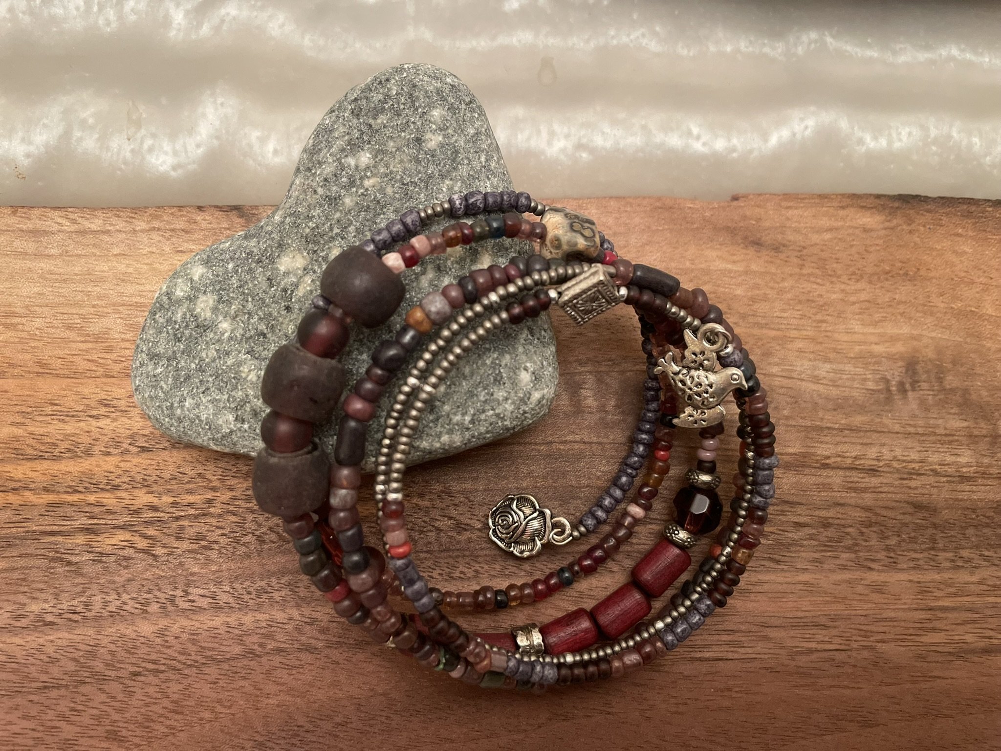 Burgundy earth-toned Beaded Wrap Bracelet