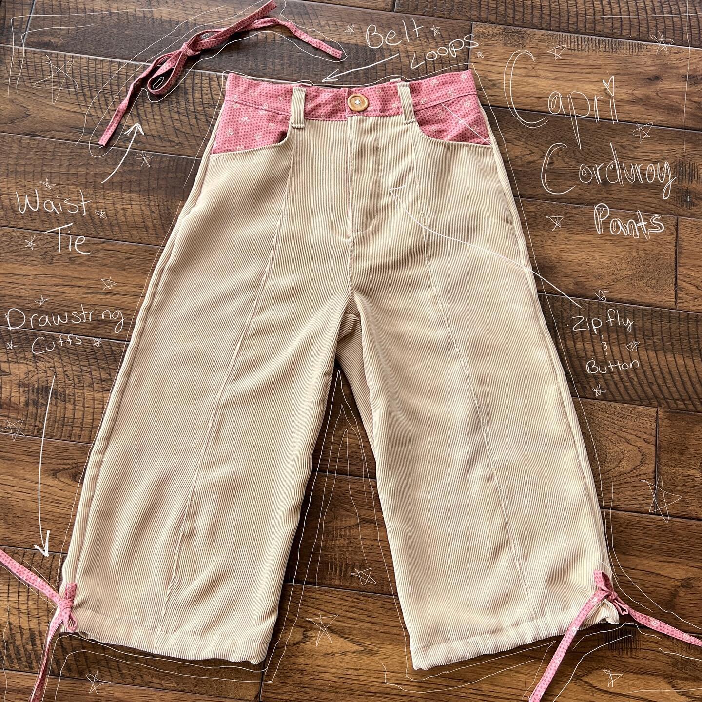 Capri Corduroy Pants ◡̈
&bull;
&bull;
&bull;
Pants feature drawstring cuffs, zip fly + button closure, belt loops &amp; a tie waistband.