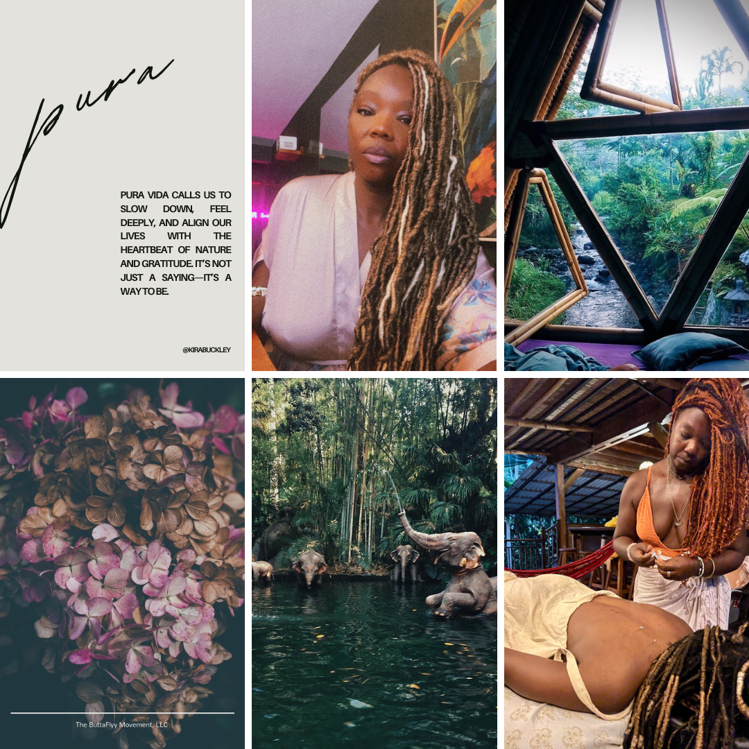 A collage of six photos: a quote about nature and gratitude, a woman with long dreadlocks in a colorful indoor setting, an open window overlooking lush greenery, close-up of pink hydrangea flowers, elephants in a river surrounded by lush jungle, and a woman giving an outdoor massage to someone lying on a massage table under a rustic wooden roof.