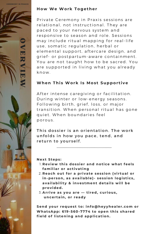 Interior setup with candles, vases, and decorative leaves, and a text overlay explaining how private ceremony sessions at Praxis are conducted and supported.