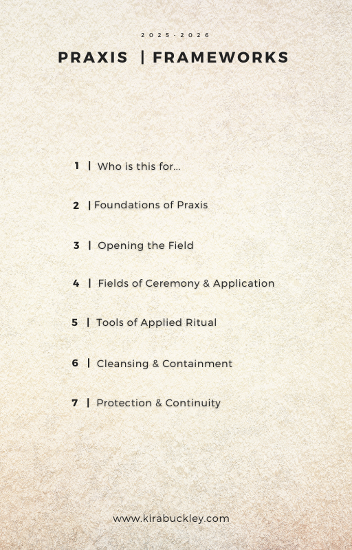 Cover page of a guide titled '2025-2026 Praxis | Frameworks' with a beige textured background, including sections on foundation, opening, fields, tools, cleansing, and protection.