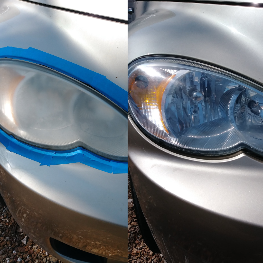 Close up of a headlight restoration process removing oxidation and yellowing to restore clarity and brightness.