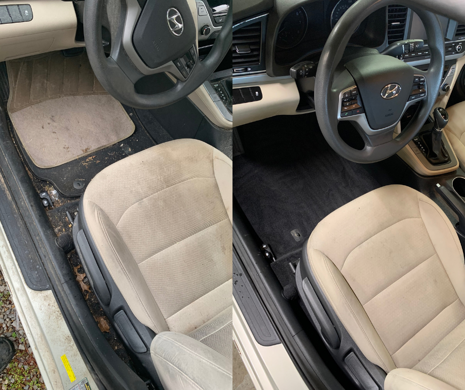 Steaming interior surfaces to sanitize and clean hard to reach areas during interior detailing.