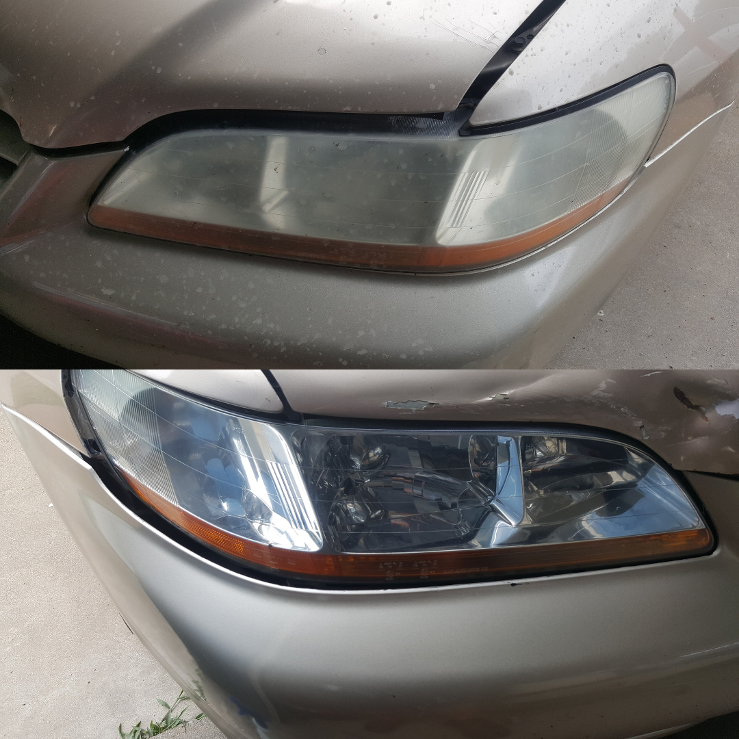 Before and after headlight restoration showing cloudy headlights transformed into clear lenses for improved visibility and appearance.