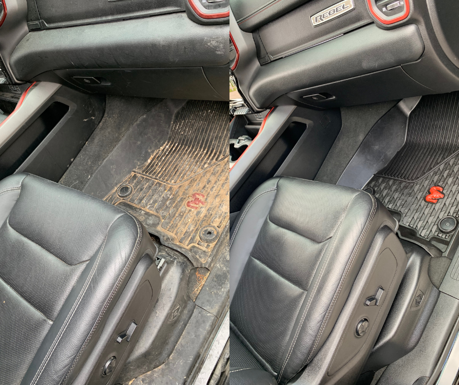 Interior detailing service removing pet hair dirt and debris from car seats and carpets.