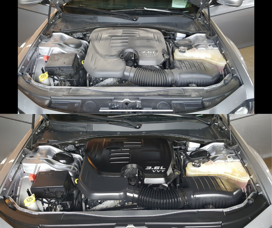 Detailer cleaning an engine bay at Empire Customs Car Detailing in Kansas City using safe tools and products for a thorough engine detail.