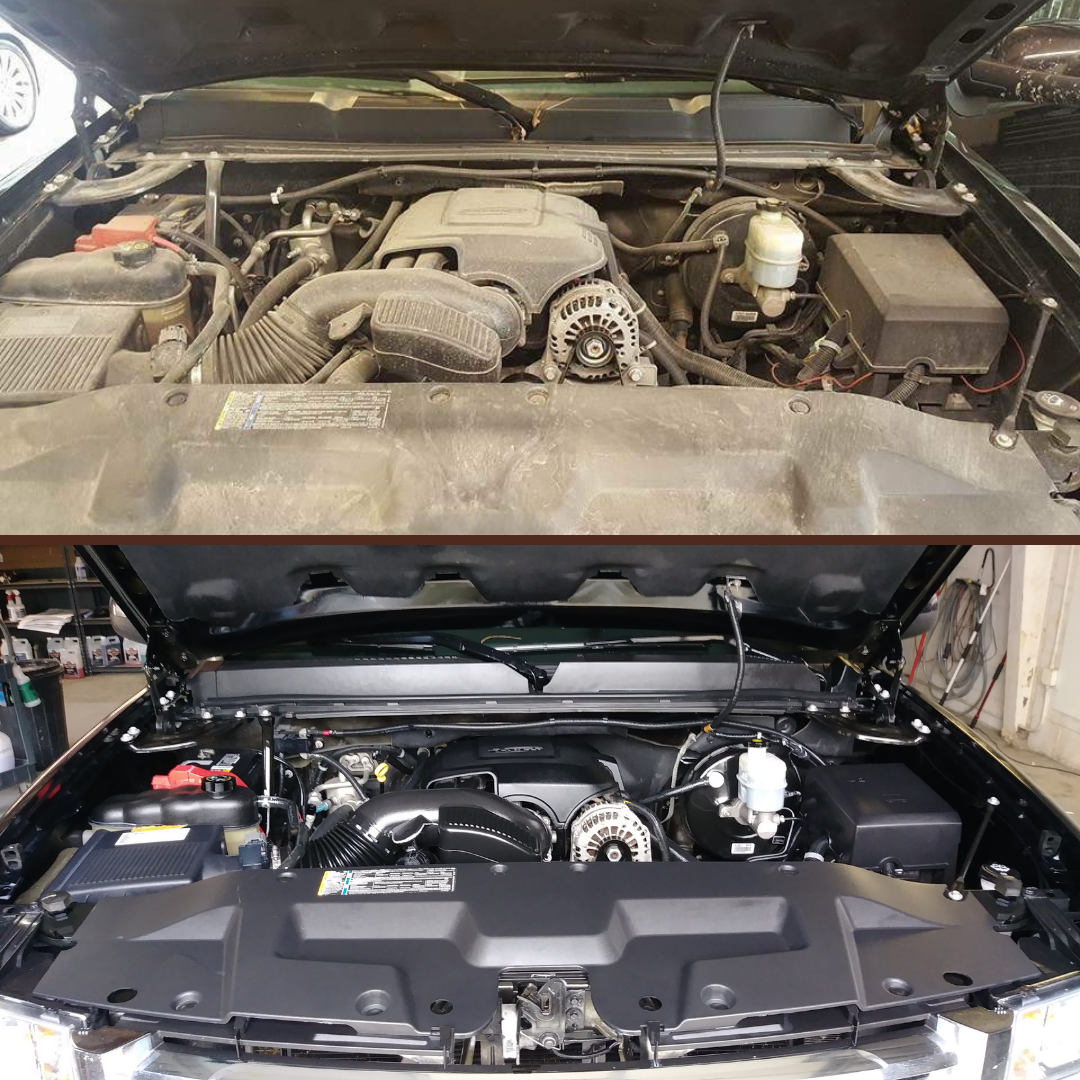 Detailer applying plastic dressing to engine covers and trim for a clean glossy finish after engine detailing.