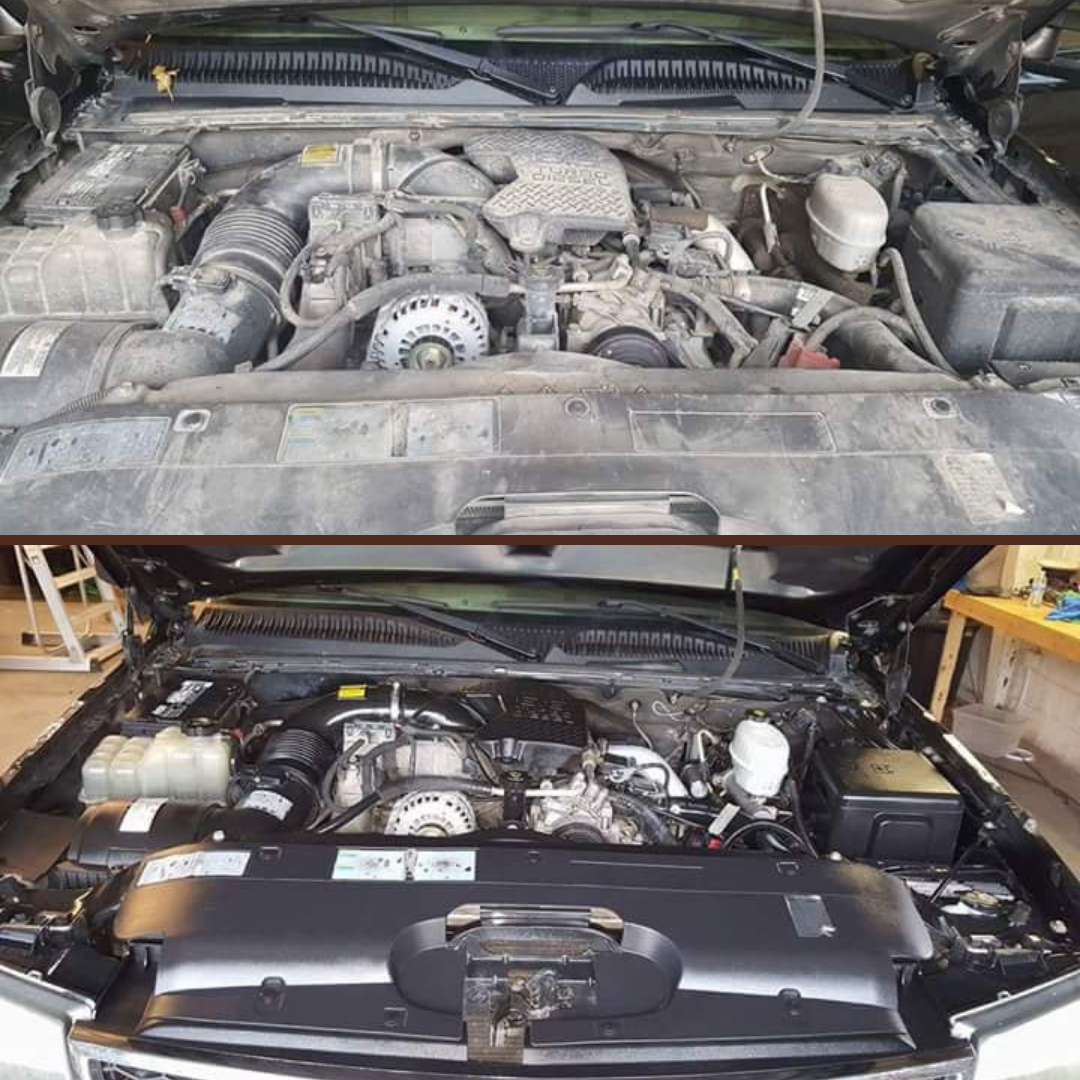 Engine bay being rinsed and cleaned carefully to avoid sensitive components during an engine detailing service.