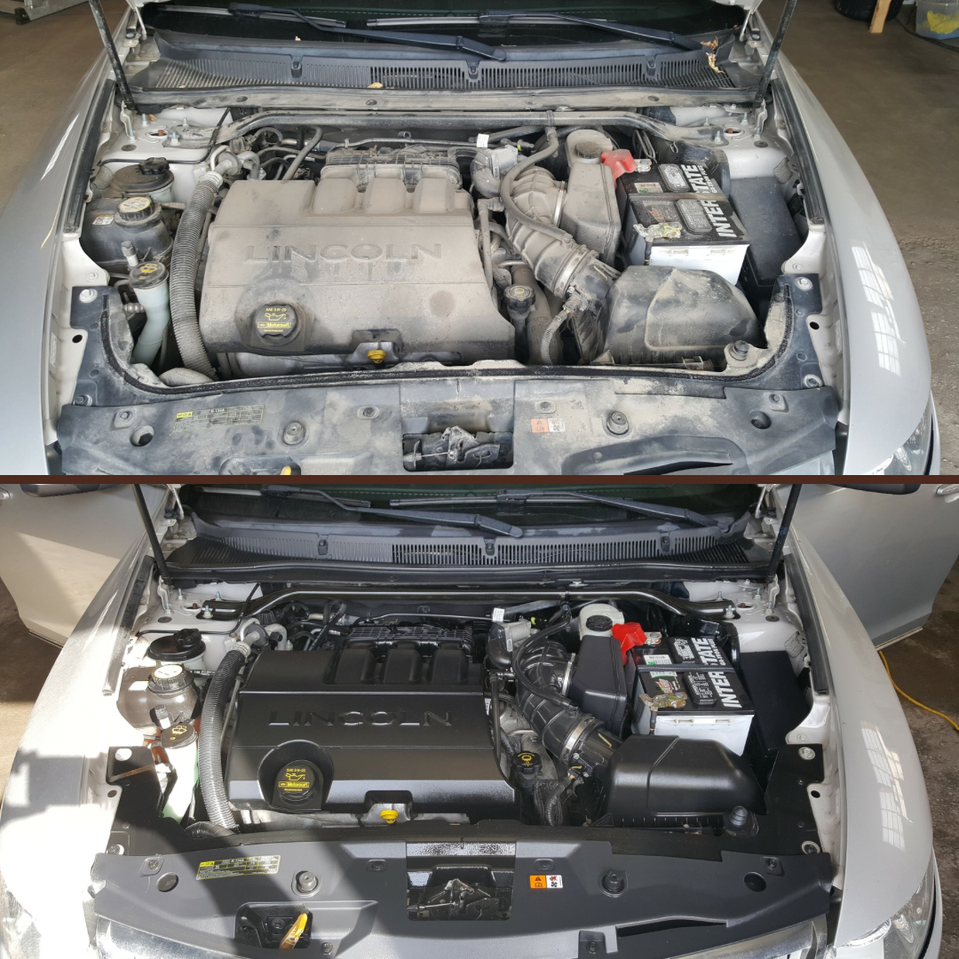 Before and after comparison showing a dirty engine bay transformed into a clean detailed finish.