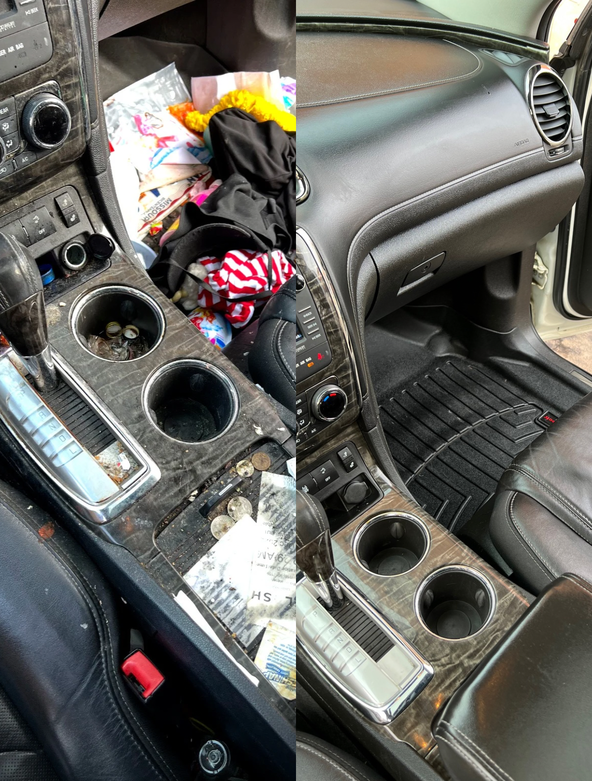 Before and after interior detailing showing a heavily soiled car interior restored to clean condition.