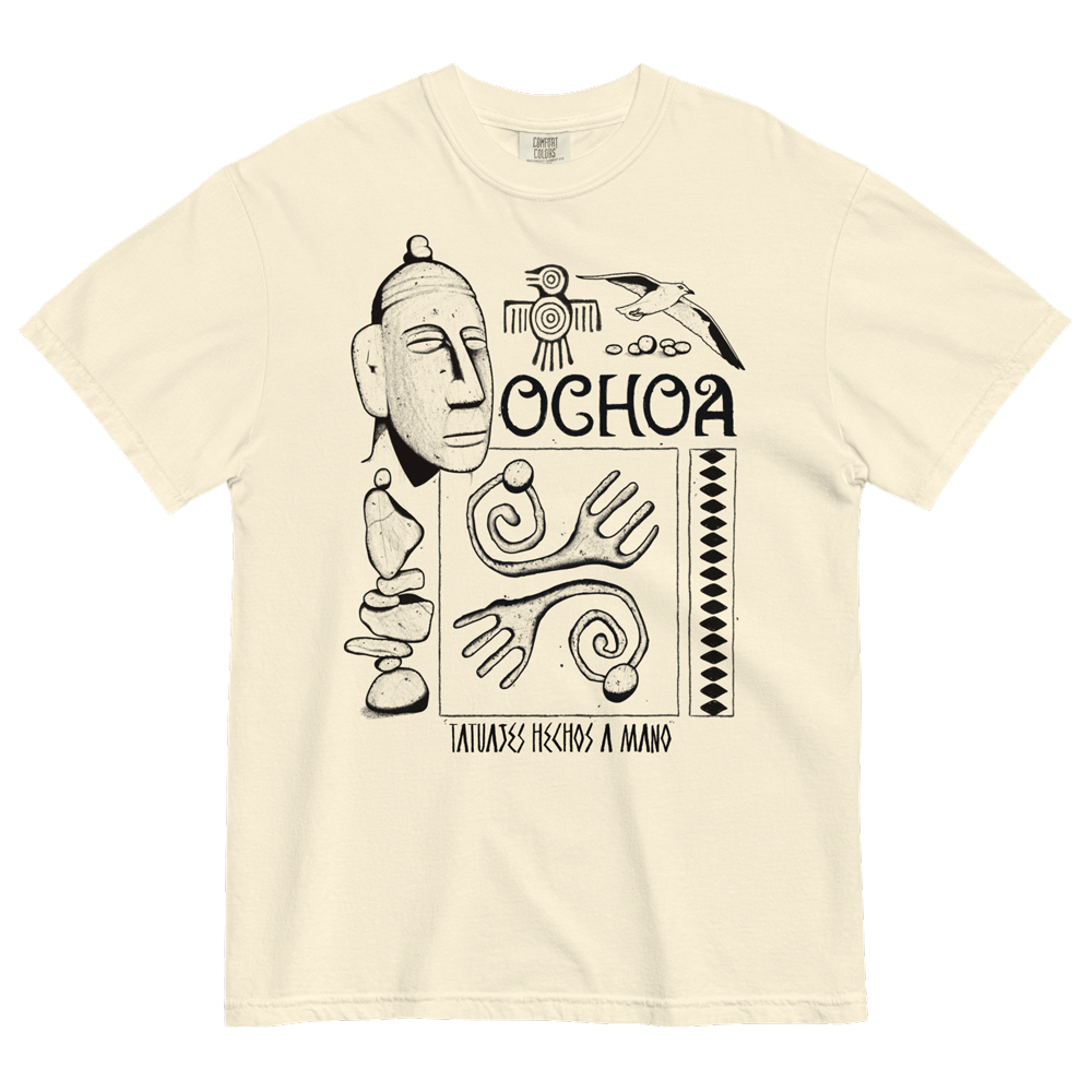 Tattoo merch by Jason Ochoa black print on cream t-shirt.