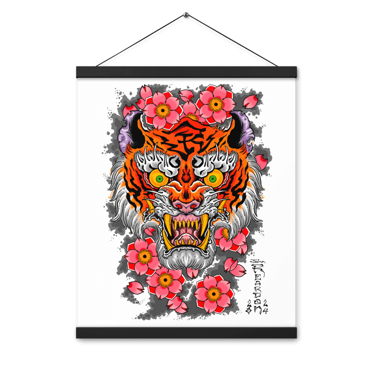 Color art print of tiger and flowers hanging on a clear background