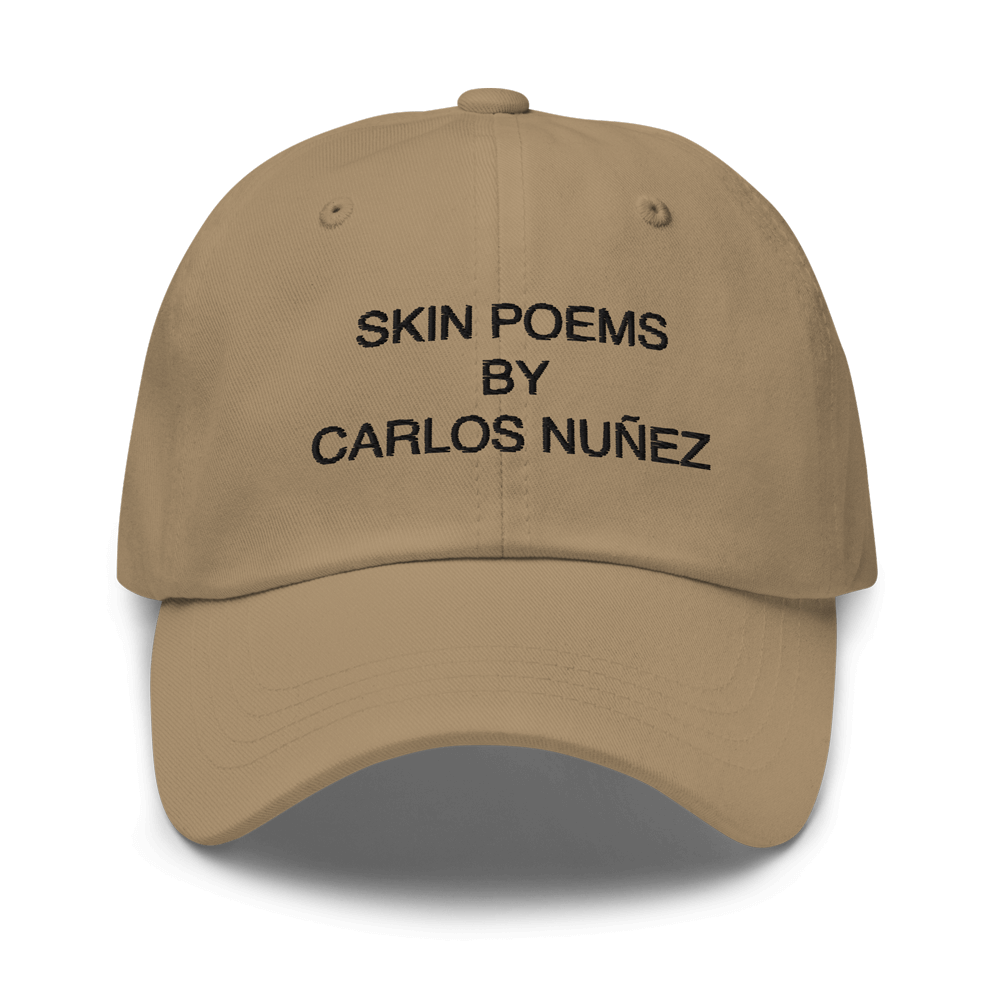 Khaki baseball Skin Poem hat by Carlos Nunez.