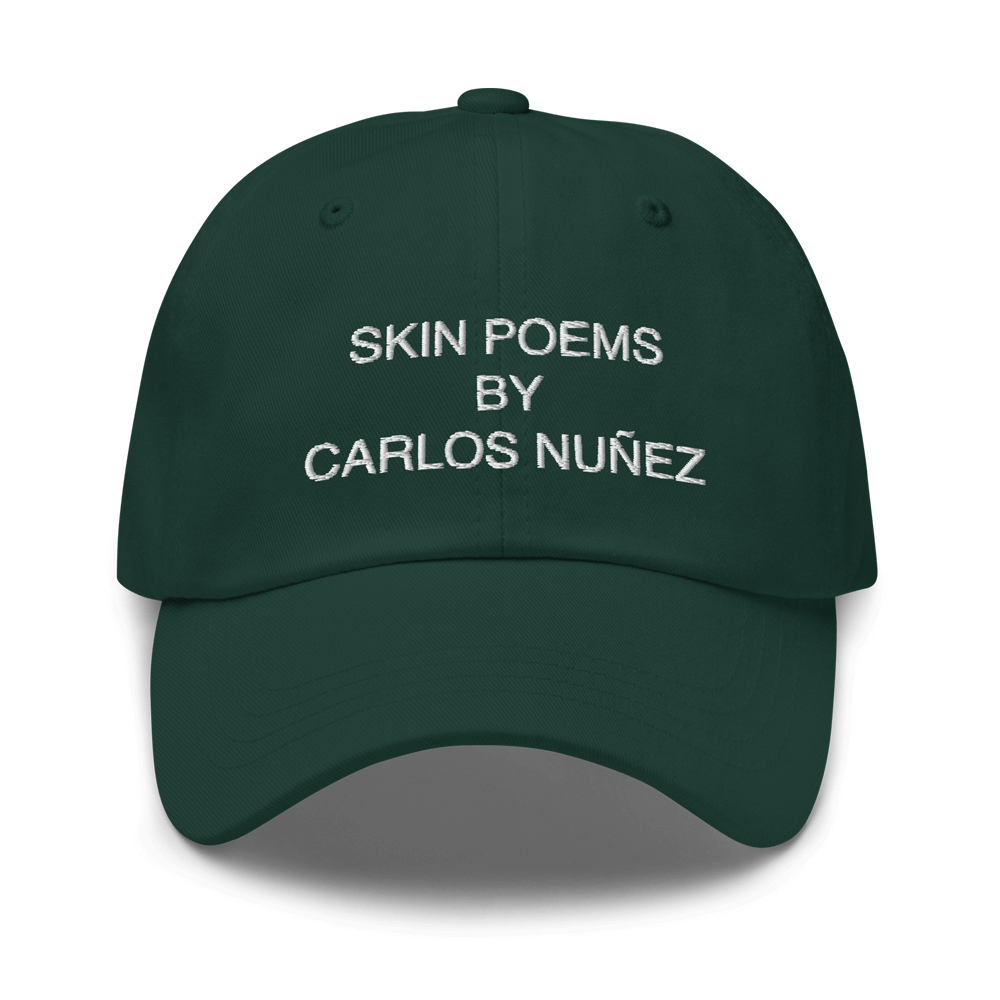 Forrest green Skin Poem hat by designer Carlos Nunez.