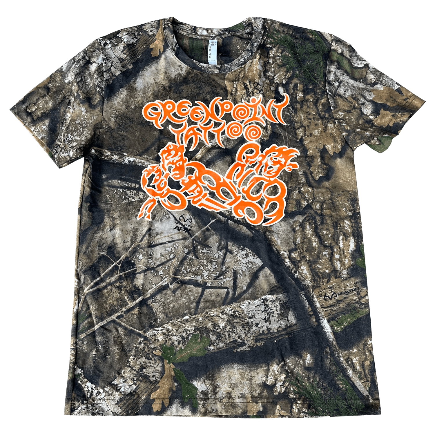 Locally printed tattoo artist design shirt layed flat on clear background.