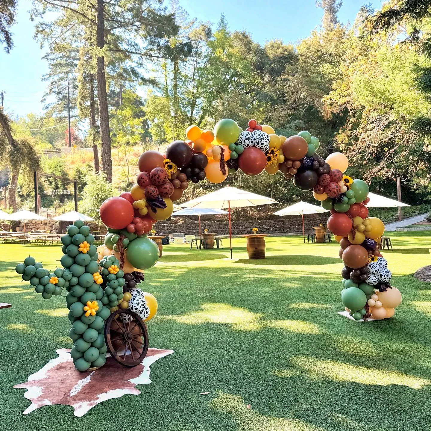 Created this western themed organic arch and included alllll the details! Leather fringe, cow print balloons in two colors, a wagon wheel, sunflowers, bandanas, a cow print rug, custom balloon cactus and a color combo of western dreams ✨ 

Using @kal