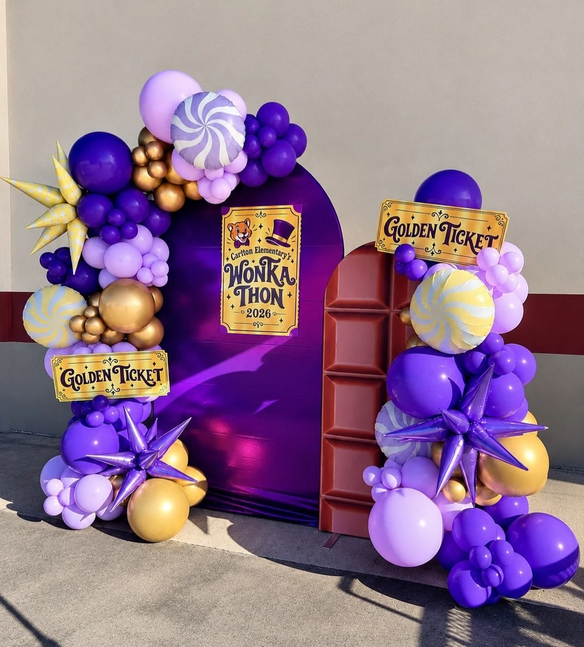 One of my favorite installs for Carlton to date! The Willy Wonka theme is truly magical ✨ 

#CHSC #WillyWonka #BalloonDecor #Backdrops #InflatedCreationsByBrittany