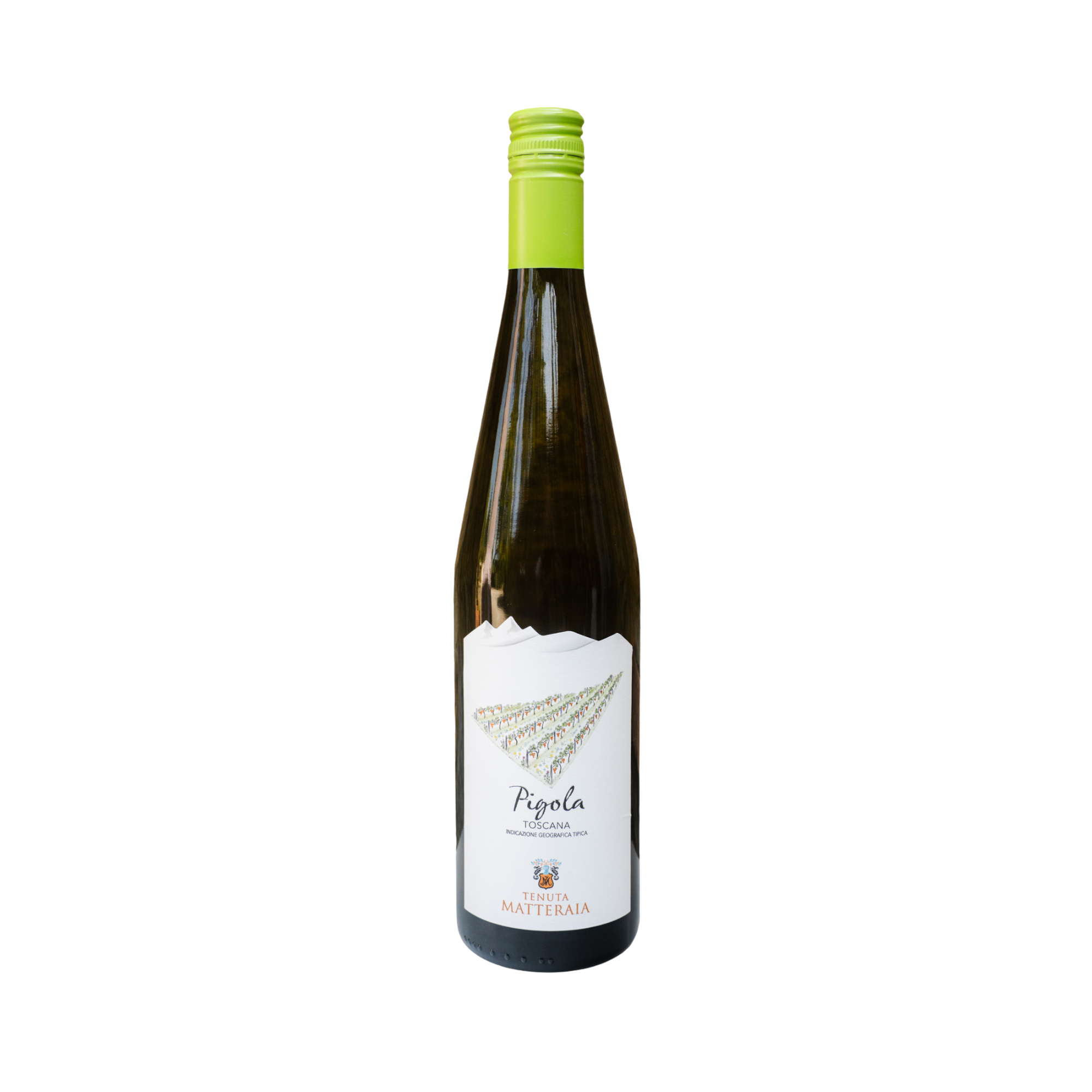 Bottiglia di vino bianco "Pigola" con etichetta Tenuta Maiano Toscana, chiusa con tappo a vite argentato.
