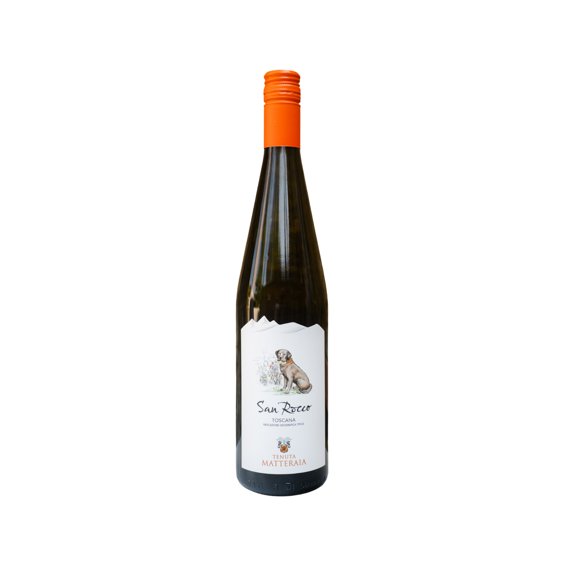 Bottiglia di vino bianco San Rocco Bianco Toscano IGT della Tenuta Mazzeraia, con tappo a vite bianco.