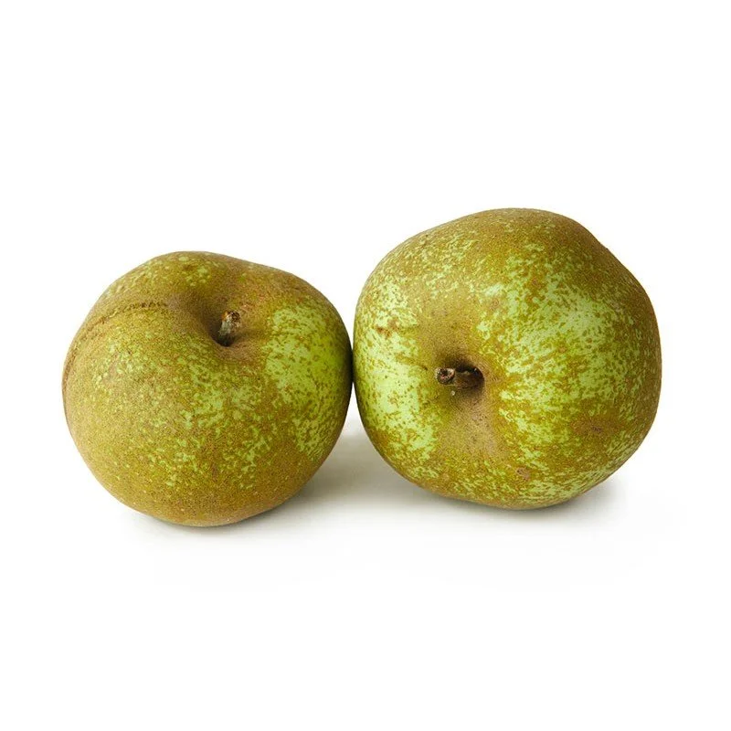 Due mele renette su sfondo bianco.