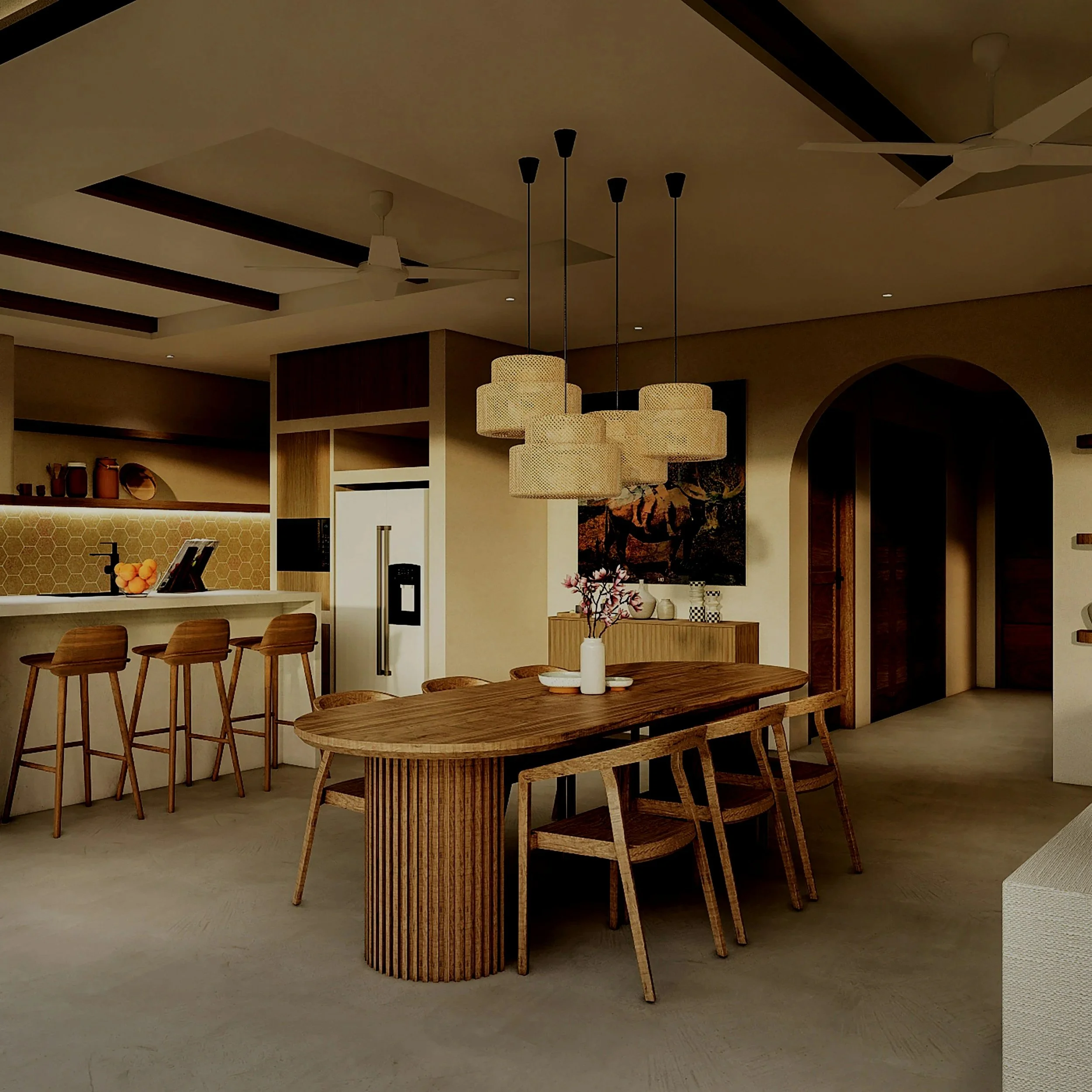 Modern dining room with a black table, six upholstered chairs, gold accents, a chandelier, and large floor-to-ceiling windows overlooking a green lawn.