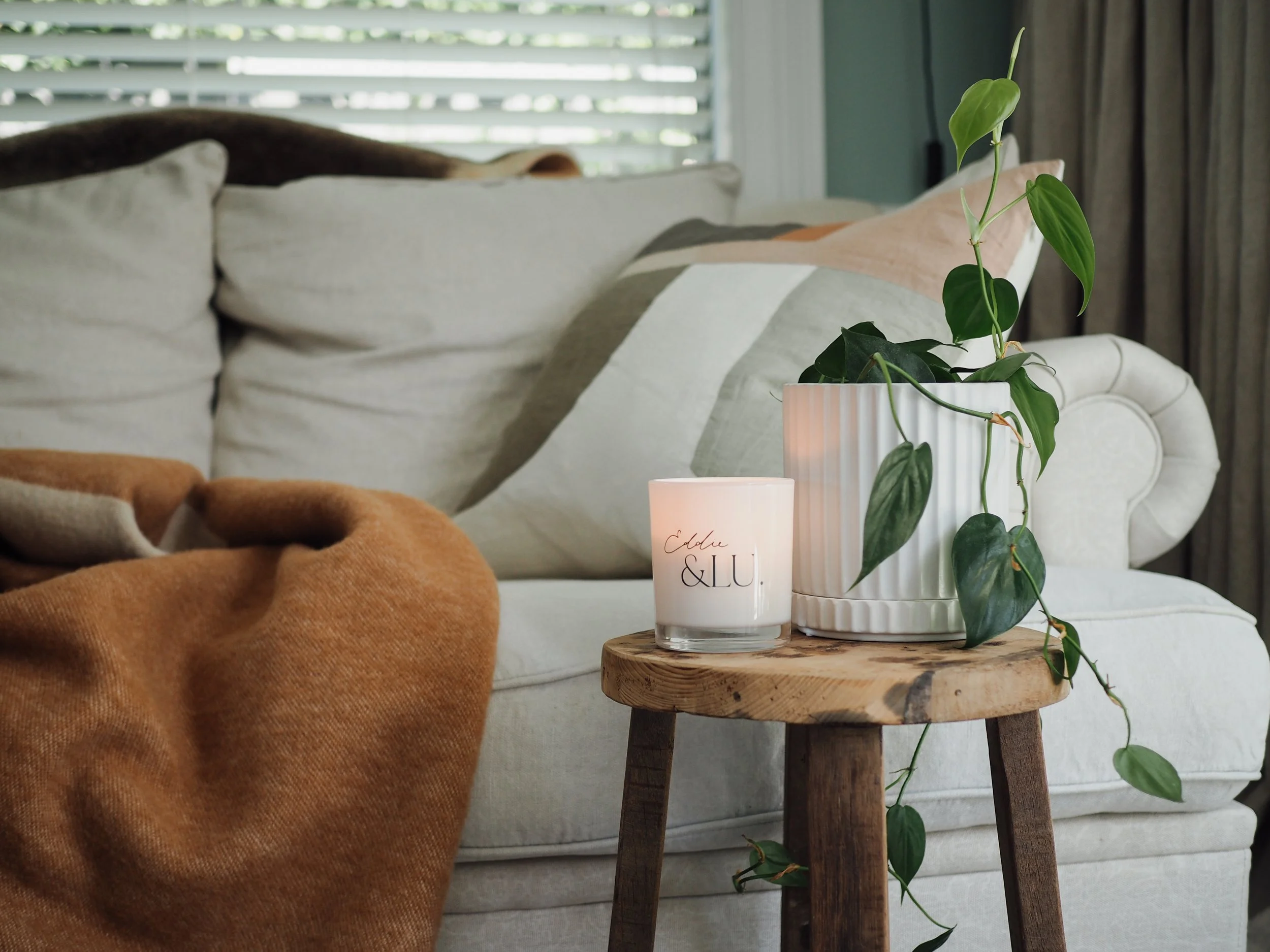 Cozy living room setting with a light gray sofa, white pillows, and an orange blanket. A wooden stool holds a white potted plant with trailing leaves and a lit scented candle.