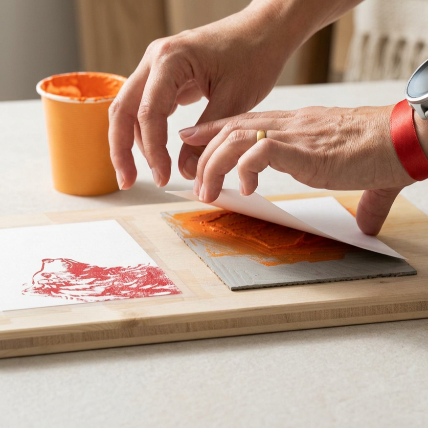 Linoldruck, Postkarten mit Bärenmotiv werden von Hand gedruckt