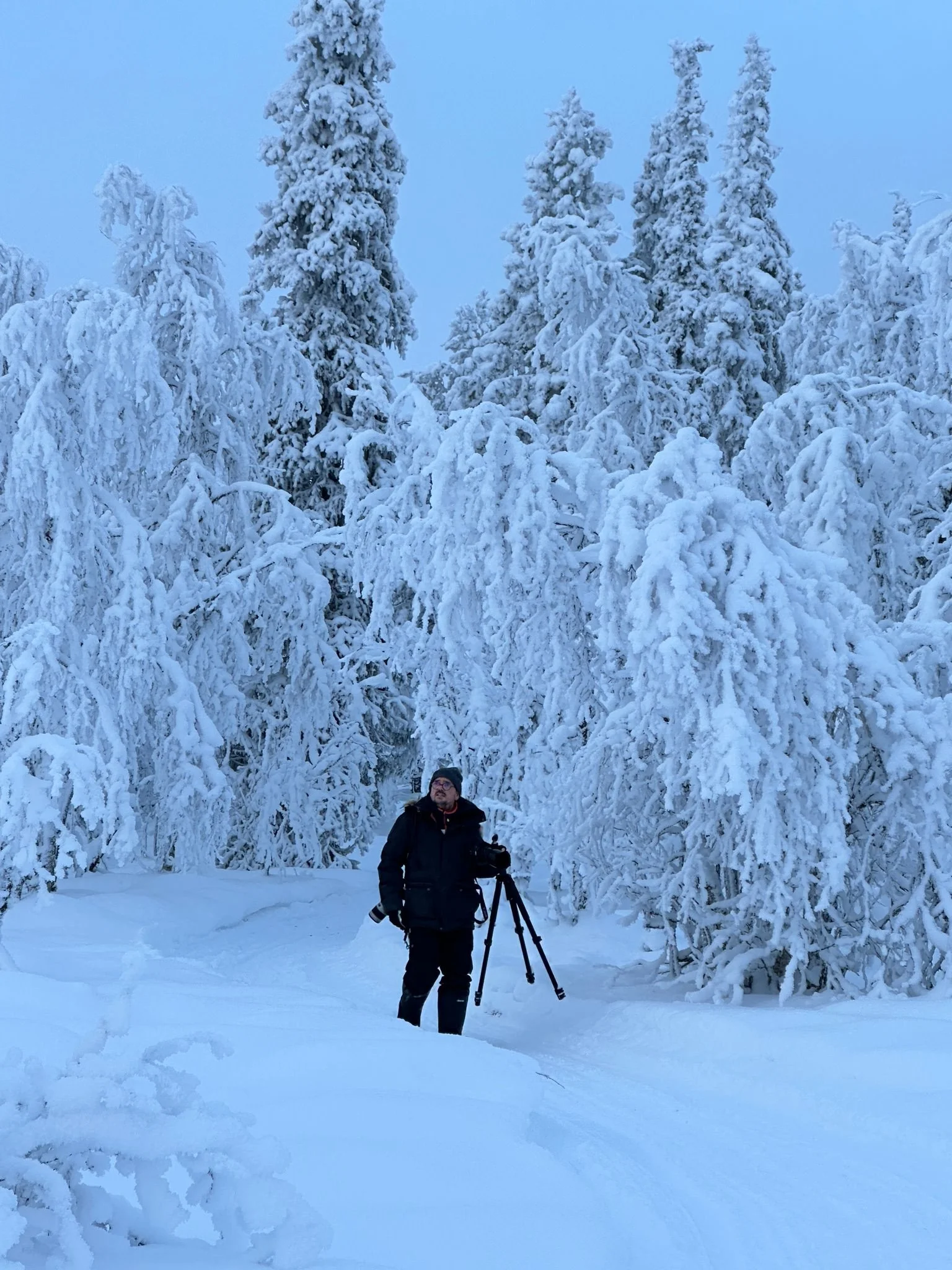 Person standing in snowy forest with camera and tripod, surrounded by snow-covered trees.
