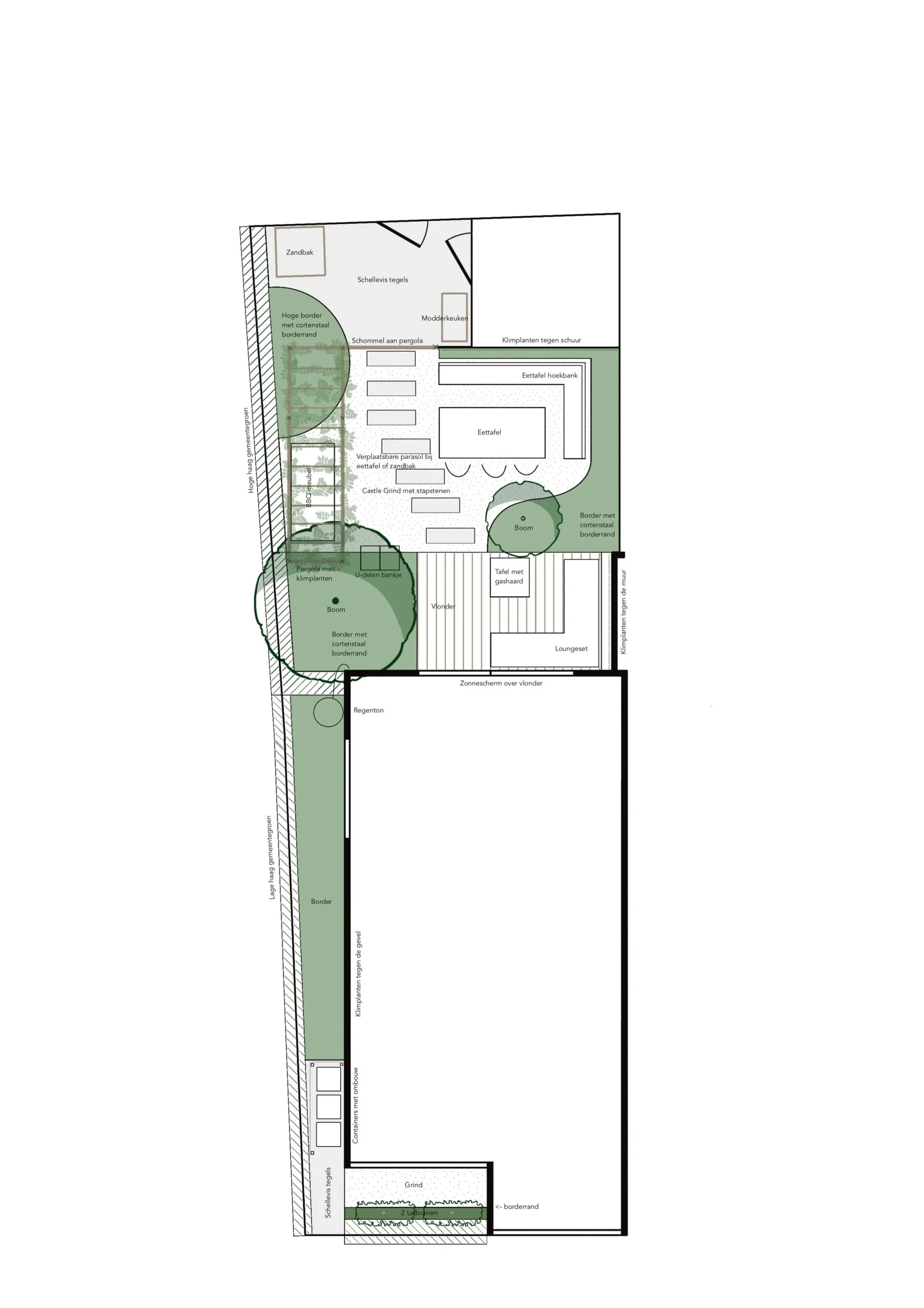 Tuinontwerp nieuwbouwtuin met pergola een BBQ