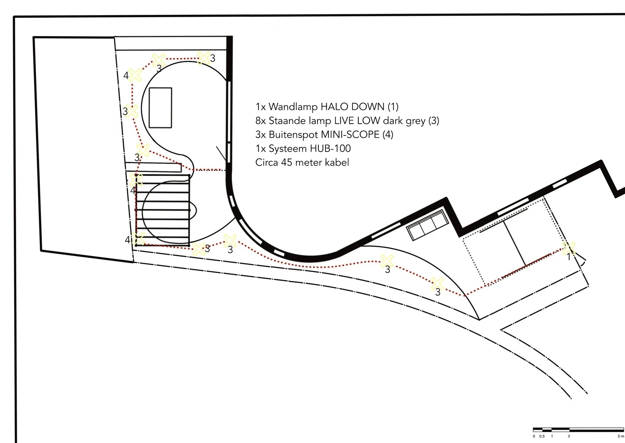 Tuinontwerp van een huis met verlichtingsplan, inclusief uitleg over lampen en kabels.