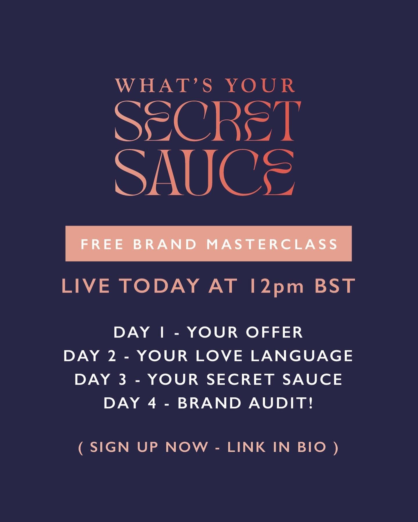 LIVE TODAY AT 12 &gt; make sure you&rsquo;re in the Secret Sauce Masterclass facebook group before 11 today to join us for an incredible week deeep diving your brand. See you soon! 

#secretsauce #whatsyoursecretsauce #suitepress #brandmasterclass #s