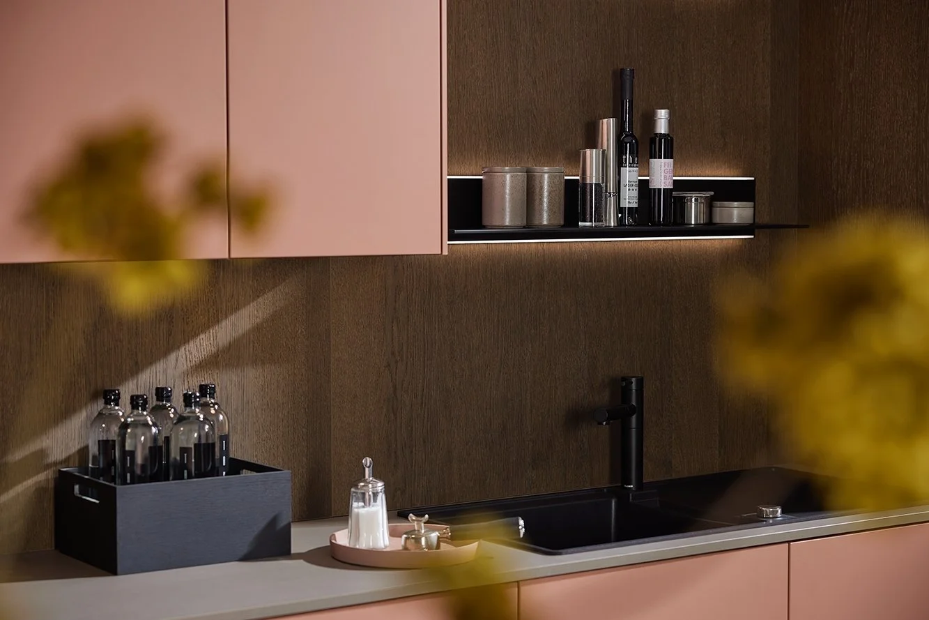 soft matte handleless kitchen cabinets in pink